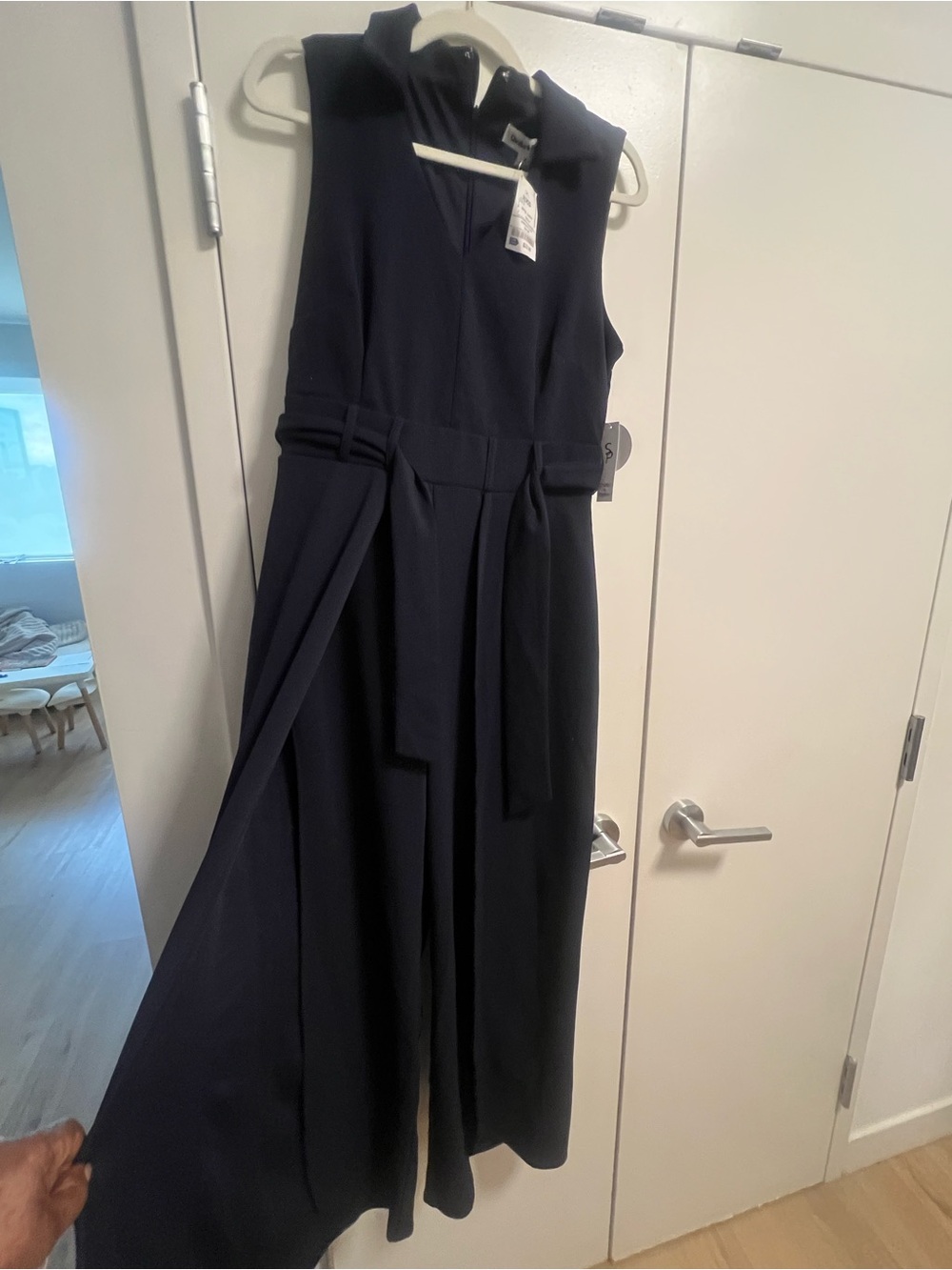 Sleeveless Navy Belted Wide-Leg Jumpsuit by